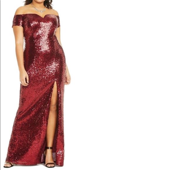 B Darlin Dresses & Skirts - B. Darlin Women's Dress Red Size 14W Plus Off Shoulder Sequined Gown